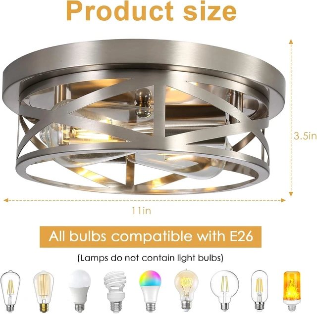 Alt view image 5 of 7 - Brushed Nickel Flush Mount Ceiling Light Fixture,2-Light Industrial Farmhouse Ceiling Light FixtureBrushed Nickel Light Fixture Ceiling Mount for Kitchen Bedroom Living Room 1 Pack
