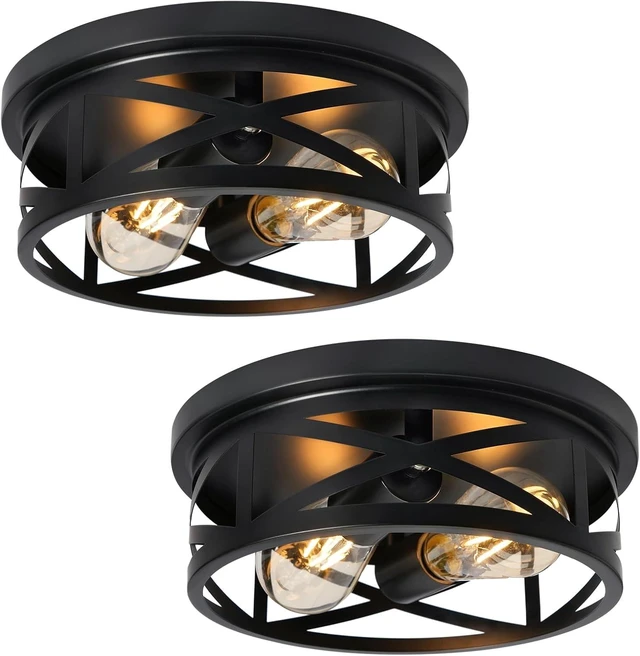 Main image of 2-Light Flush Mount Ceiling Light Fixture, Farmhouse Ceiling Lights for Kitchen, Modern Black Close to Ceiling Light for Hallway Bedroom Balcony Porch Stairway, E26, (2 Pack)