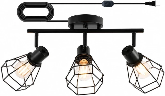 Main image of Dimmable Plug in Ceiling Light,Plug in Track Lighting,3 Light Black-B Industrial Farmhouse Ceiling Light with 16.5' Cord,Adjustable Rotatable Cage Lamp Heads,E26 Base(Bulbs Not Included)