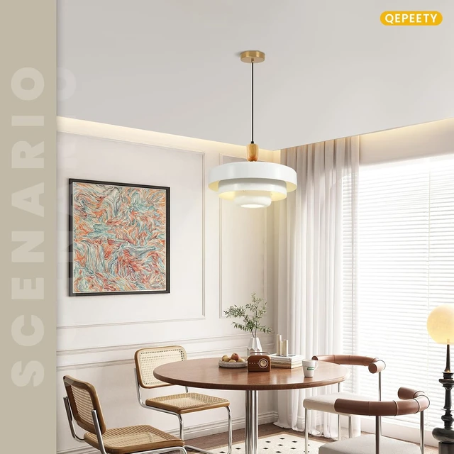 Alt view image 2 of 7 - 3-Layer White Metal Shade Pendant Light, Mid Century Adjustable Hanging Light with Wood Gold Canopy, E26 Ceiling Pendant Lamp for Kitchen Table Over Sink Bedroom