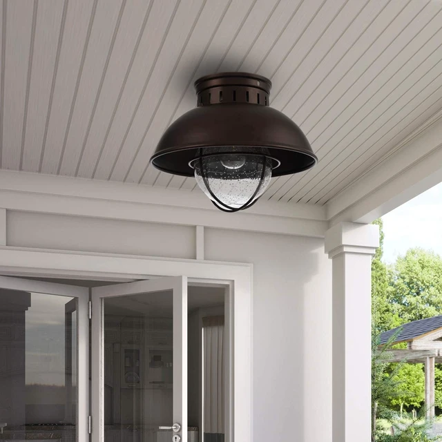 Alt view image 7 of 7 - Outdoor Ceiling Light Farmhouse 10 Inch Flush Mount Ceiling Lights Fixture Oil Rubbed Bronze,Metal Cage Seeded Glass Semi Entry Hall Light Fixtures