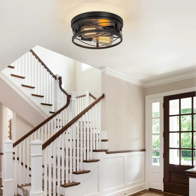 Alt view image 7 of 7 - foucasal 2-Light Round Metal Flush Mount Ceiling Light Black 10.23" Base