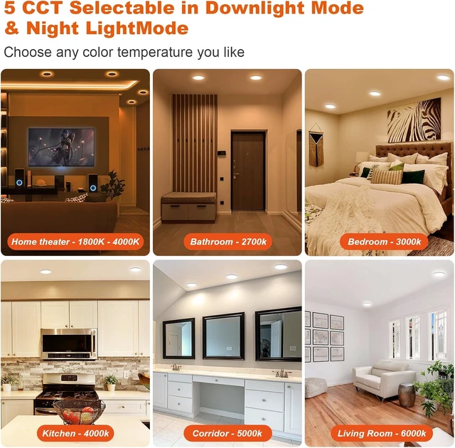 Alt view image 6 of 7 - ZYC Recessed Lighting 6 Inch - 12W 1100LM LED Recessed Ceiling Light with Night Light,2700K/3000K/4000K/5000K/6000K Selectable Ultra-Thin Lighting,Dimmable Canless Wafer Downlight,Pack of 6Bronze.