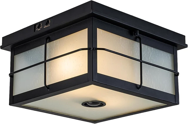 Alt view image 4 of 7 - Motion Sensor Outdoor Ceiling Light, Flush Mount Ceiling Light Fixture with Adjustable Sensor 2-Light Black Outdoor Light Fixture Ceiling Mount with Frosted Glass for Porch
