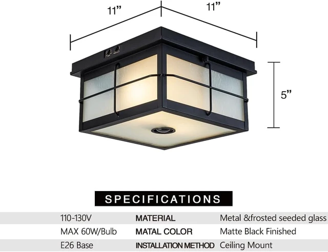 Alt view image 5 of 7 - Motion Sensor Outdoor Ceiling Light, Flush Mount Ceiling Light Fixture with Adjustable Sensor 2-Light Black Outdoor Light Fixture Ceiling Mount with Frosted Glass for Porch
