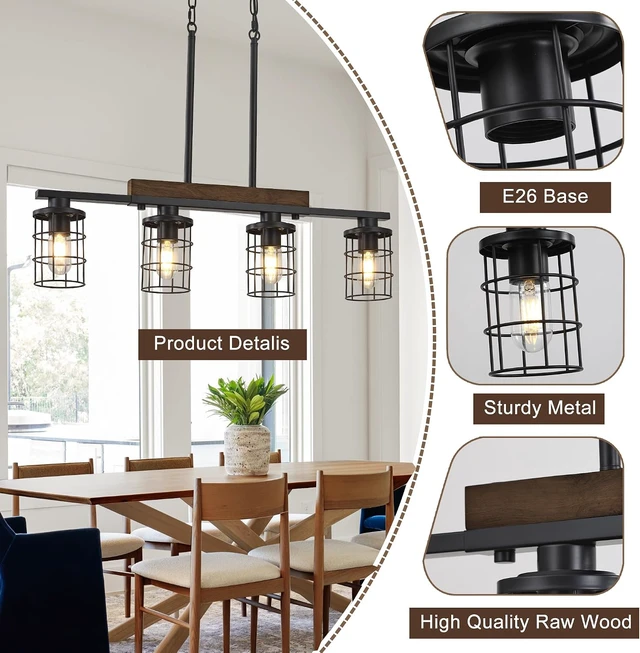 Alt view image 3 of 6 - LmnLvn 4-Light Farmhouse Kitchen Light Fixture, Rustic Wood & Metal Cage