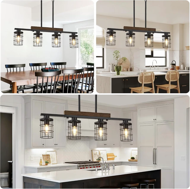 Alt view image 5 of 6 - LmnLvn 4-Light Farmhouse Kitchen Light Fixture, Rustic Wood & Metal Cage