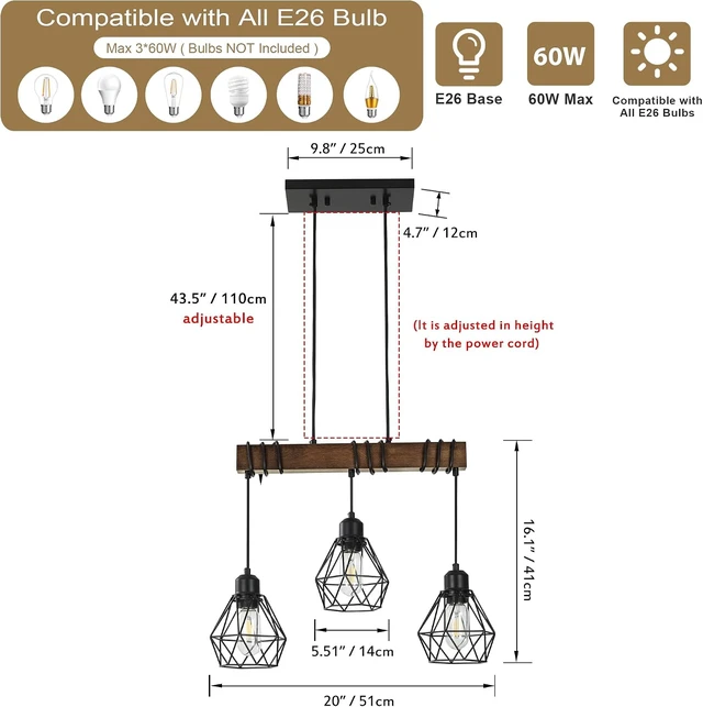 Alt view image 4 of 7 - Farmhouse Dining Room Light Fixture,20" Kitchen Island Chandelier