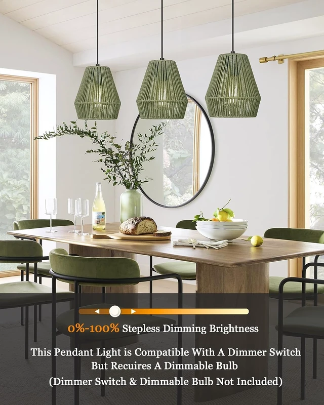 Alt view image 2 of 7 - ELYONA Woven Japandi Pendant Lights, 7 Rustic Rattan Hanging Lamp Adjustable Handwoven Basket Shade, Boho Pendant Light Fixtures for Kitchen Island, Dining Room, Bedroom, Farmhouse Bar Hallway, Green