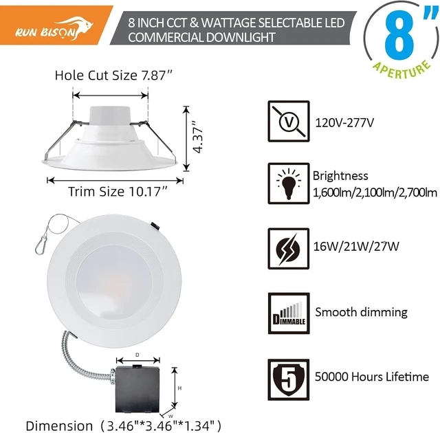 Alt view image 2 of 7 - 8 Inch Recessed LED Commercial Downlight with J-Box, 120-277V
