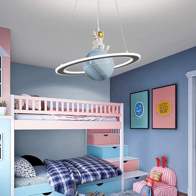 Alt view image 7 of 7 - O'NEELDY Astronaut Chandelier, 19'' 40W LED Pendant Light for Kids Room