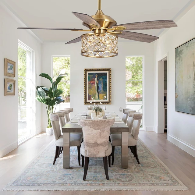 Main image of 52" Antique Brass Crystal Ceiling Fan with Light and Remote, Vintage Chandelier Ceiling Fan with 5 Wood Blades, Reversible AC Motor, 3-Speed Downrod Mount Fan for Living Room Bedroom Dining Room