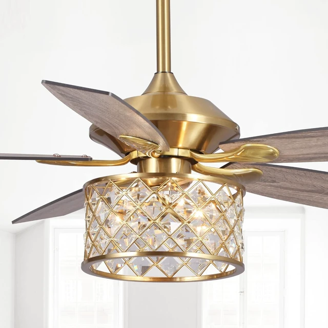Alt view image 2 of 7 - 52" Antique Brass Crystal Ceiling Fan with Light and Remote, Vintage Chandelier Ceiling Fan with 5 Wood Blades, Reversible AC Motor, 3-Speed Downrod Mount Fan for Living Room Bedroom Dining Room