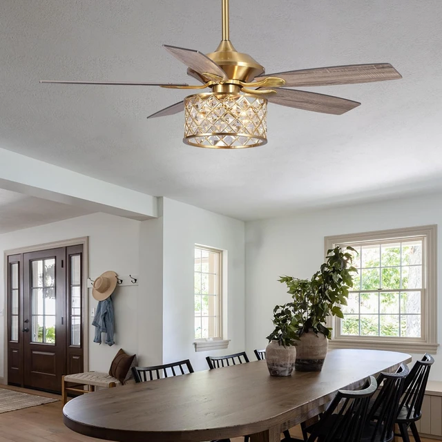 Alt view image 3 of 7 - 52" Antique Brass Crystal Ceiling Fan with Light and Remote, Vintage Chandelier Ceiling Fan with 5 Wood Blades, Reversible AC Motor, 3-Speed Downrod Mount Fan for Living Room Bedroom Dining Room