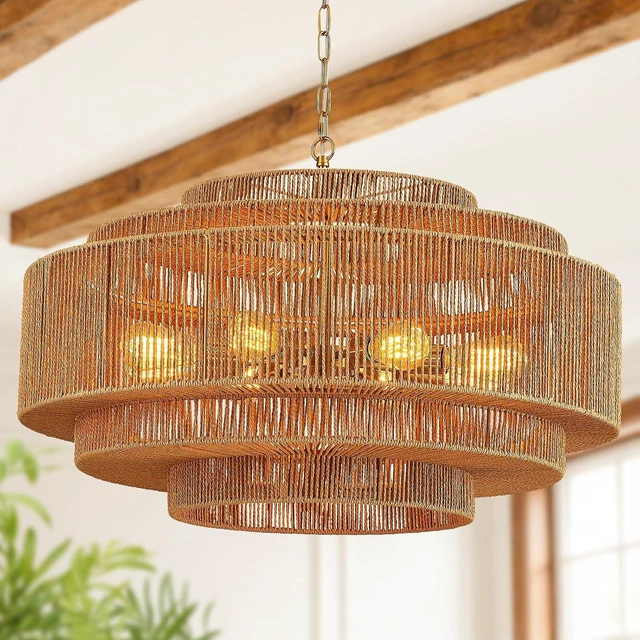 Main image of 31" Large Boho Rattan Chandelier 8-Light Drum Wicker Light Fixture