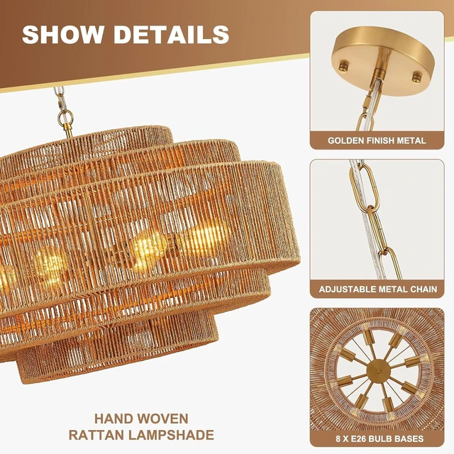 Alt view image 4 of 7 - 31" Large Boho Rattan Chandelier 8-Light Drum Wicker Light Fixture