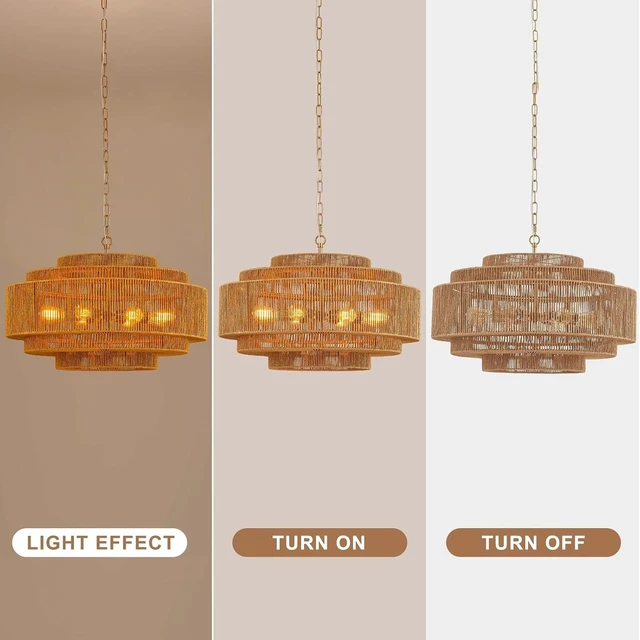 Alt view image 5 of 7 - 31" Large Boho Rattan Chandelier 8-Light Drum Wicker Light Fixture