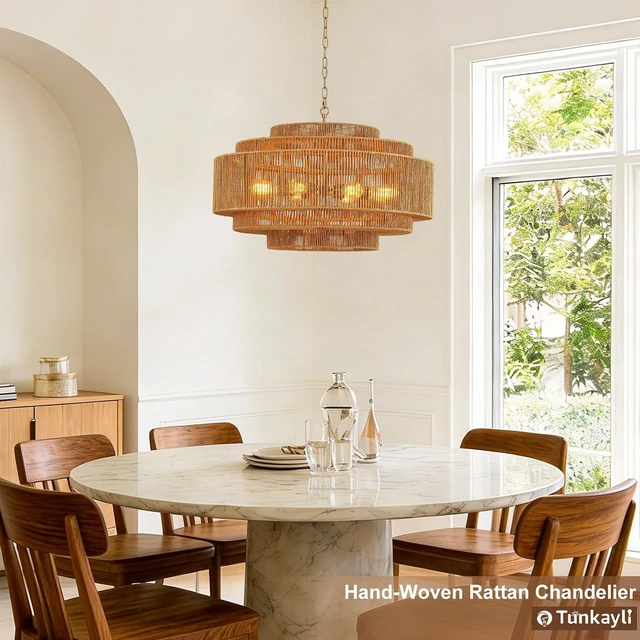 Alt view image 2 of 7 - 31" Large Boho Rattan Chandelier 8-Light Drum Wicker Light Fixture