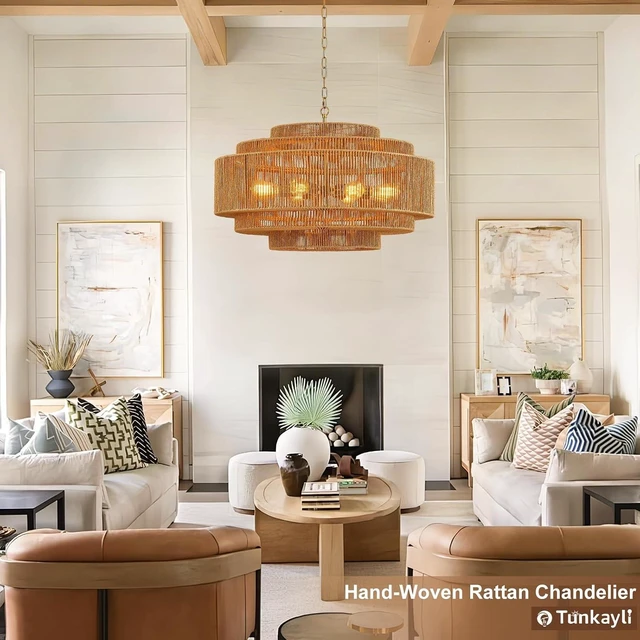 Alt view image 7 of 7 - 31" Large Boho Rattan Chandelier 8-Light Drum Wicker Light Fixture
