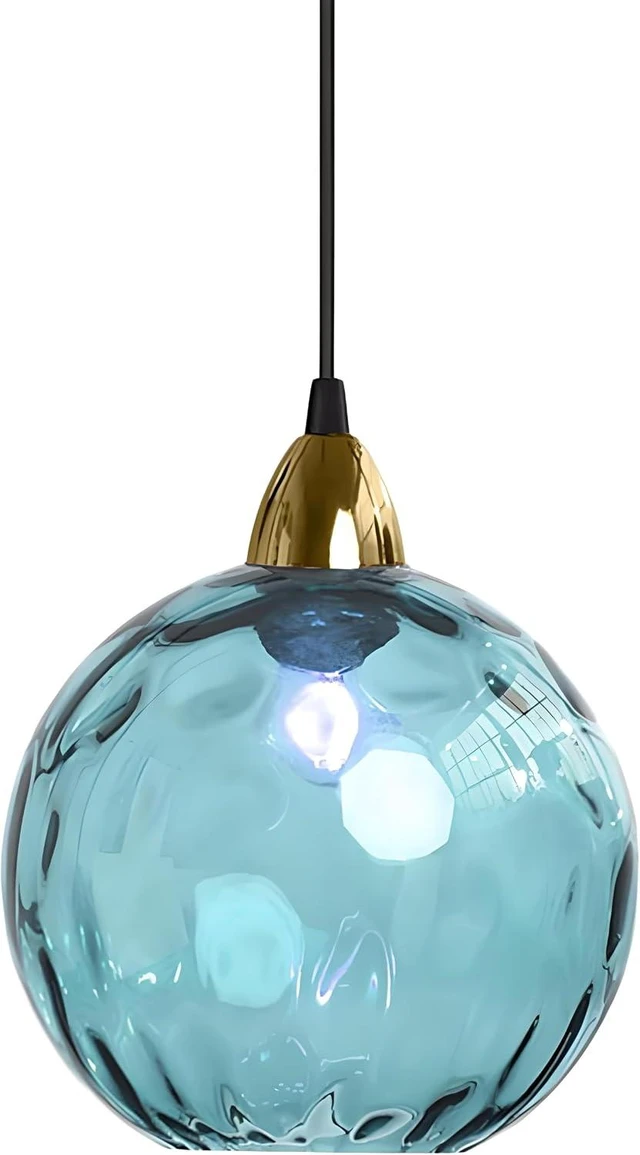 Main image of 20cm/7.9 Industrial Vintage Spherical Glass Pendant Light, E26 Ceiling Hanging Lamp, Gold Finish & Ripple Glass Globe Shade, Dining Room Bedroom Chandelier (Azure Blue, 7.9)