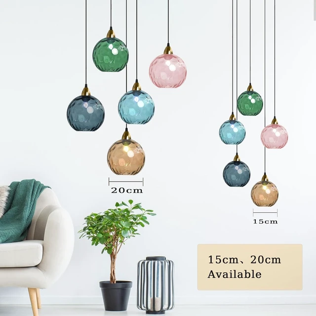 Alt view image 6 of 6 - 20cm/7.9 Industrial Vintage Spherical Glass Pendant Light, E26 Ceiling Hanging Lamp, Gold Finish & Ripple Glass Globe Shade, Dining Room Bedroom Chandelier (Azure Blue, 7.9)