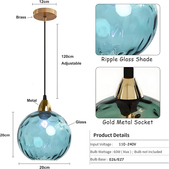 Alt view image 2 of 6 - 20cm/7.9 Industrial Vintage Spherical Glass Pendant Light, E26 Ceiling Hanging Lamp, Gold Finish & Ripple Glass Globe Shade, Dining Room Bedroom Chandelier (Azure Blue, 7.9)