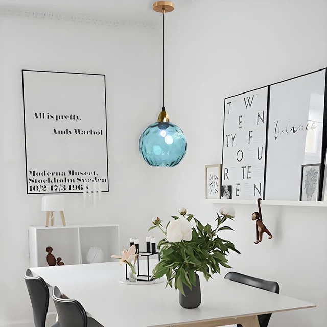 Alt view image 3 of 6 - 20cm/7.9 Industrial Vintage Spherical Glass Pendant Light, E26 Ceiling Hanging Lamp, Gold Finish & Ripple Glass Globe Shade, Dining Room Bedroom Chandelier (Azure Blue, 7.9)