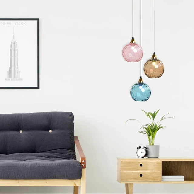 Alt view image 5 of 6 - 20cm/7.9 Industrial Vintage Spherical Glass Pendant Light, E26 Ceiling Hanging Lamp, Gold Finish & Ripple Glass Globe Shade, Dining Room Bedroom Chandelier (Azure Blue, 7.9)