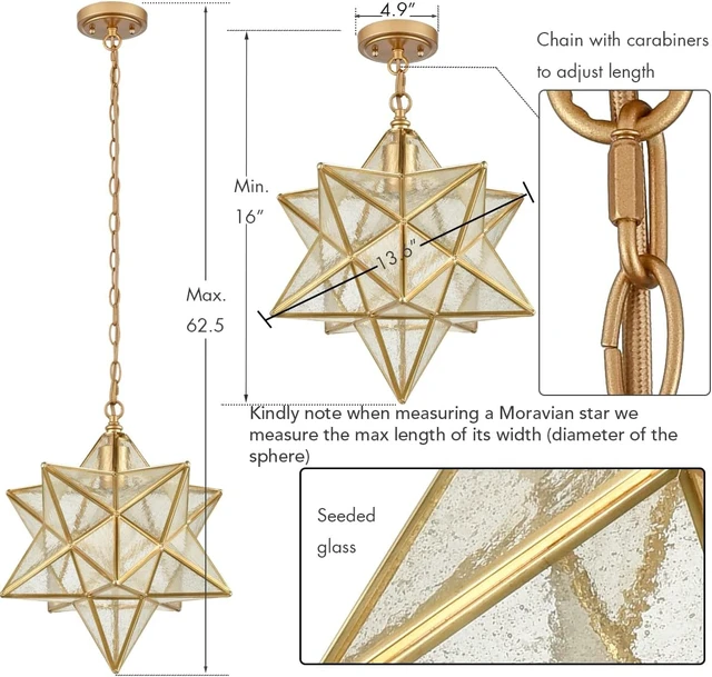 Alt view image 3 of 7 - DAYCENT Brass Moravian Star Pendant Lighting Seeded Glass Pendant Lights 13 1/2 inches