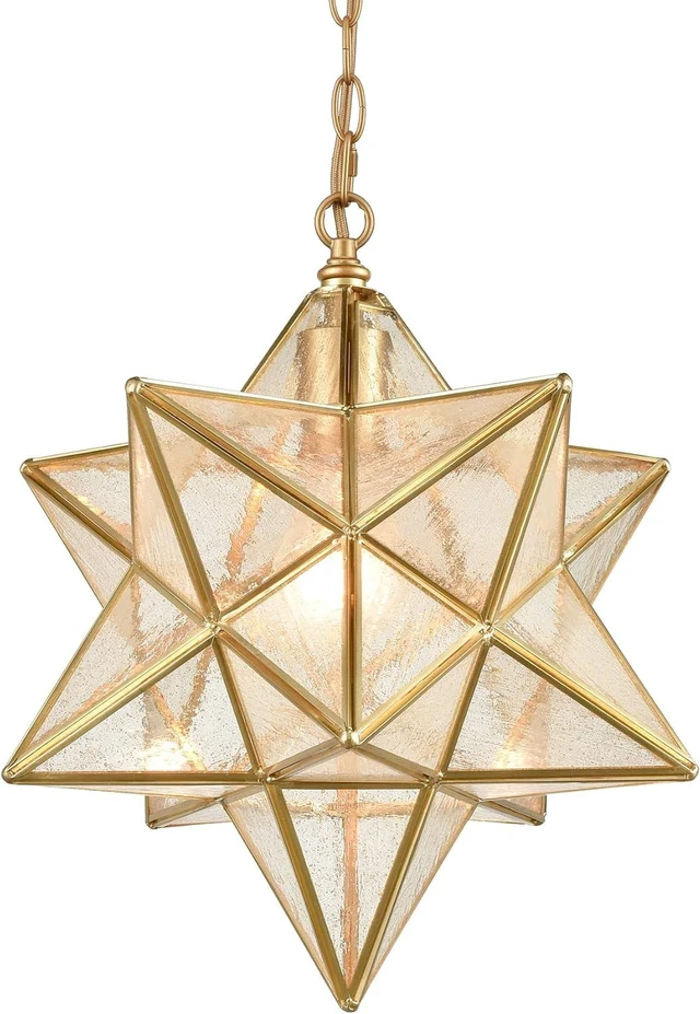 Main image of DAYCENT Brass Moravian Star Pendant Lighting Seeded Glass Pendant Lights 13 1/2 inches