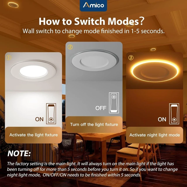 Alt view image 3 of 7 - Amico 5/6 inch LED Retrofit Recessed Can Lights with Night Light, 12 Pack