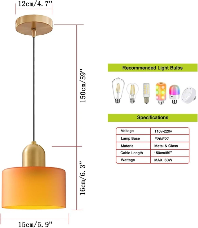Alt view image 6 of 6 - Modern Glass Pendant Light, E26 Hanging Light Fixture with Gold Metal Socket, Adjustable Cord Ceiling Lighting for Kitchen, Dining Room, and Bedroom (Orange)