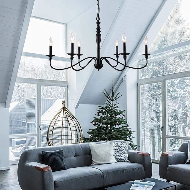 Main image of PAPAYA Farmhouse Chandelier 6-Light Black Industrial Classic Candle Ceiling Rustic Pendant Lights Fixture for Dining Living Room Bedroom Kitchen Island Hanging Lighting