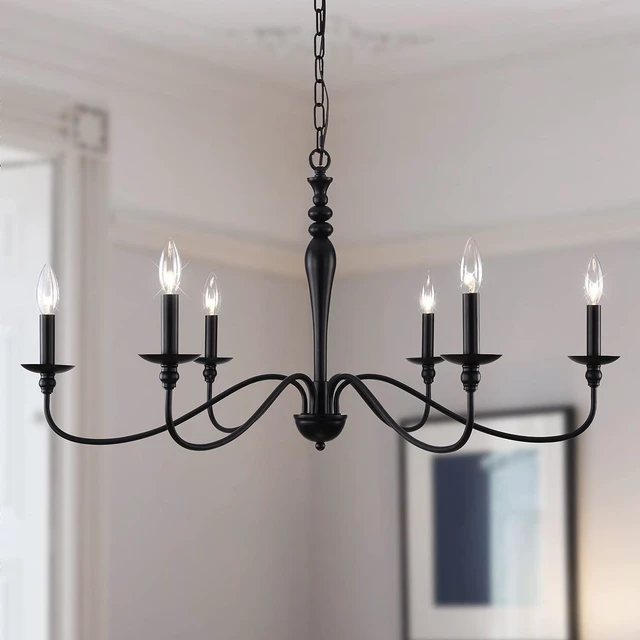 Alt view image 2 of 7 - PAPAYA Farmhouse Chandelier 6-Light Black Industrial Classic Candle Ceiling Rustic Pendant Lights Fixture for Dining Living Room Bedroom Kitchen Island Hanging Lighting