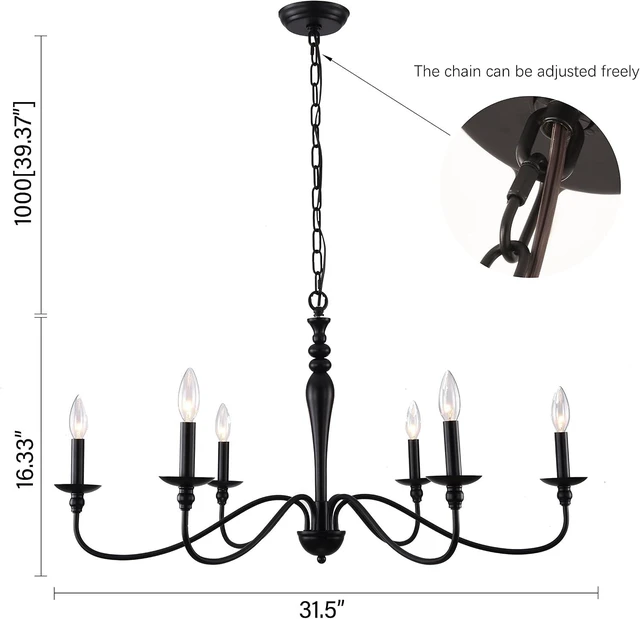 Alt view image 6 of 7 - PAPAYA Farmhouse Chandelier 6-Light Black Industrial Classic Candle Ceiling Rustic Pendant Lights Fixture for Dining Living Room Bedroom Kitchen Island Hanging Lighting