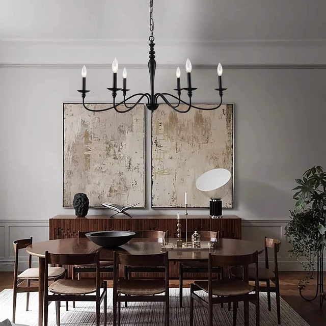 Alt view image 7 of 7 - PAPAYA Farmhouse Chandelier 6-Light Black Industrial Classic Candle Ceiling Rustic Pendant Lights Fixture for Dining Living Room Bedroom Kitchen Island Hanging Lighting