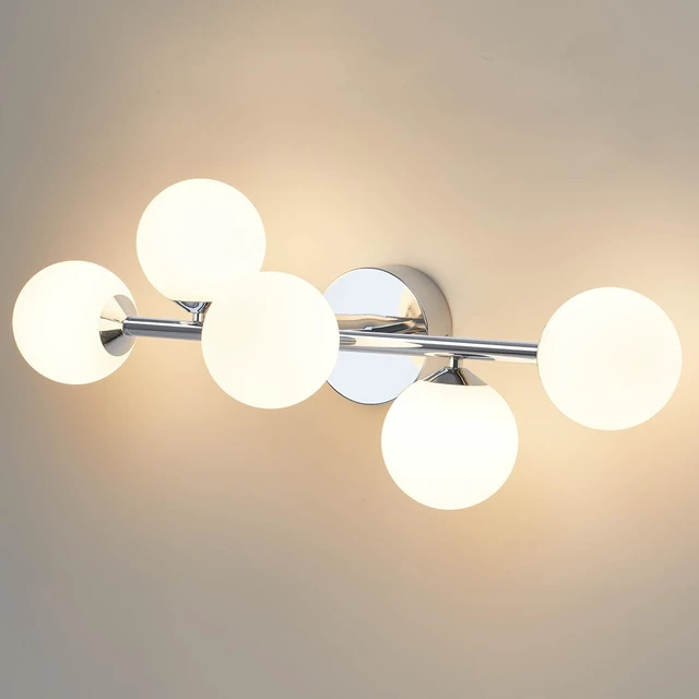 Main image of Mid Century Modern Bathroom Vanity Lights - 5-Light Chrome Dimmable LED Fixtures with Frosted Milk Glass, Wall Sconces Included