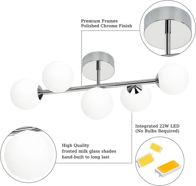 Alt view image 2 of 7 - Mid Century Modern Bathroom Vanity Lights - 5-Light Chrome Dimmable LED Fixtures with Frosted Milk Glass, Wall Sconces Included