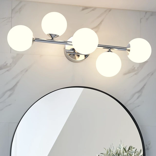 Alt view image 6 of 7 - Mid Century Modern Bathroom Vanity Lights - 5-Light Chrome Dimmable LED Fixtures with Frosted Milk Glass, Wall Sconces Included