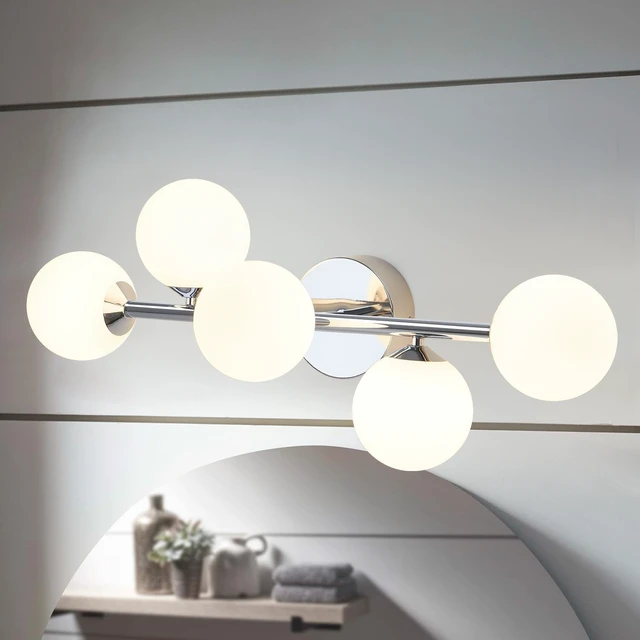 Alt view image 3 of 7 - Mid Century Modern Bathroom Vanity Lights - 5-Light Chrome Dimmable LED Fixtures with Frosted Milk Glass, Wall Sconces Included