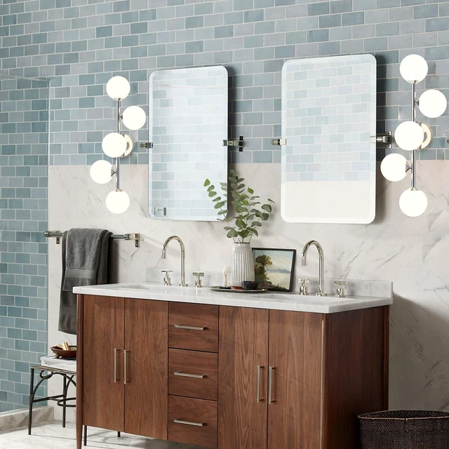 Alt view image 4 of 7 - Mid Century Modern Bathroom Vanity Lights - 5-Light Chrome Dimmable LED Fixtures with Frosted Milk Glass, Wall Sconces Included