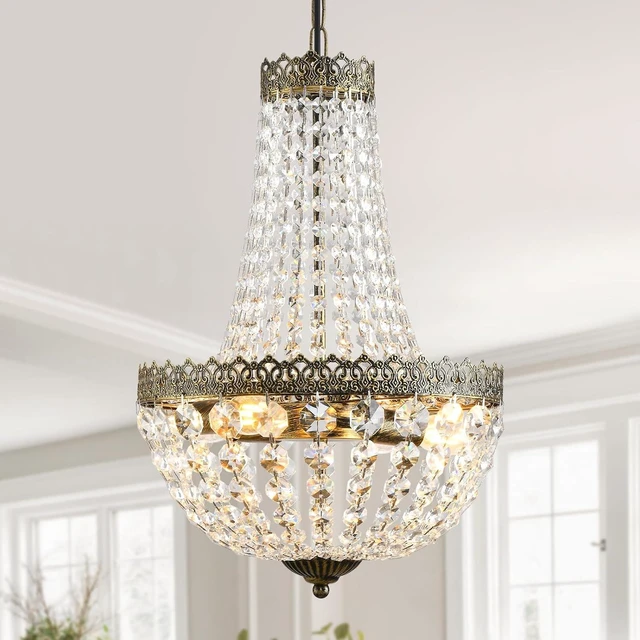 Main image of French Empire Mini Crystal Chandelier Vintage Small Pendant Light D12.6 Farmhouse Ceiling Light Fixture for Bathroom Living Dining Room Bedroom Foyer, 4 Lights Antique Brass Finish,E12