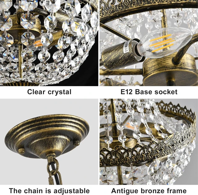 Alt view image 2 of 7 - French Empire Mini Crystal Chandelier Vintage Small Pendant Light D12.6 Farmhouse Ceiling Light Fixture for Bathroom Living Dining Room Bedroom Foyer, 4 Lights Antique Brass Finish,E12