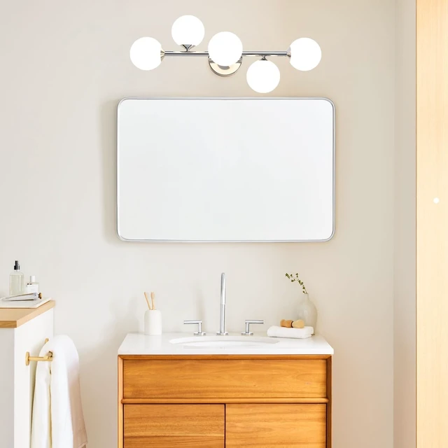 Alt view image 7 of 7 - Mid Century Modern Bathroom Vanity Lights - 5-Light Chrome Dimmable LED Fixtures with Frosted Milk Glass, Wall Sconces Included