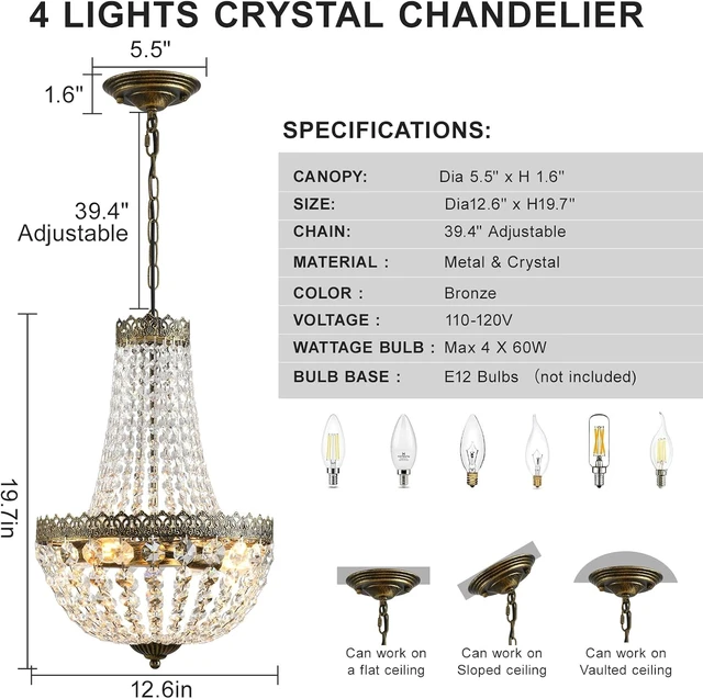 Alt view image 3 of 7 - French Empire Mini Crystal Chandelier Vintage Small Pendant Light D12.6 Farmhouse Ceiling Light Fixture for Bathroom Living Dining Room Bedroom Foyer, 4 Lights Antique Brass Finish,E12