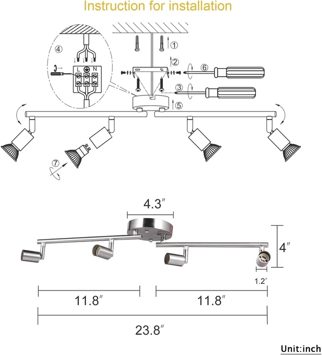 Alt view image 5 of 7 - AIBOO 4-Light Adjustable Dimmable Track Lighting Kit, Flexible Foldable Arms,Satin Nickel Kitchen,Hallyway Bed Room Lighting Fixture, GU10 Base Bulbs not Included
