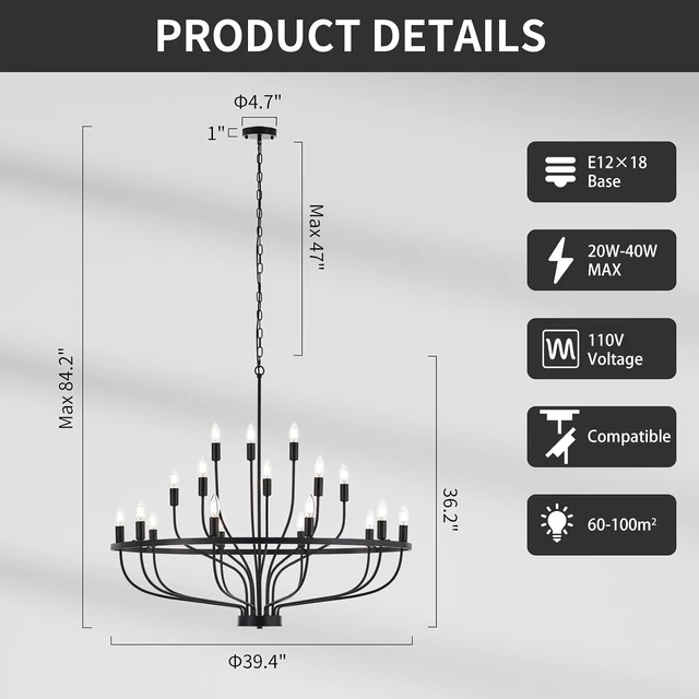 Alt view image 3 of 7 - 39.4" Large Black Chandelier, 18-Light Industrial Candle Fixture