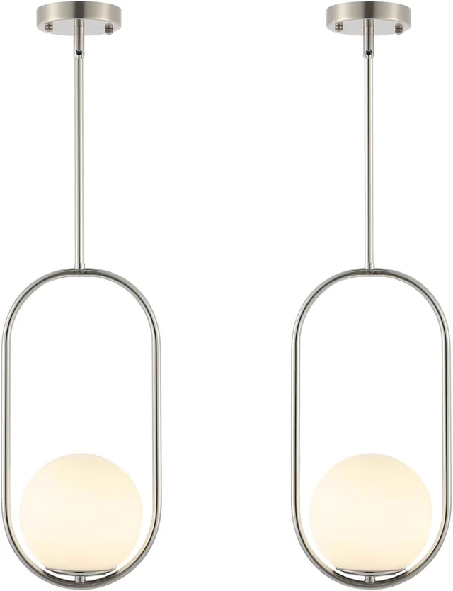 Main image of BYOLIIMA Modern Globe Pendant Light Brushed Nickel Chandelier 1-Light Mid Century Ceiling Hanging Lighting Fixture White Globe Glass Shades for Kitchen Island Dining Room Bedroom (2 Pack)