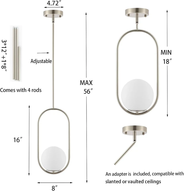Alt view image 4 of 7 - BYOLIIMA Modern Globe Pendant Light Brushed Nickel Chandelier 1-Light Mid Century Ceiling Hanging Lighting Fixture White Globe Glass Shades for Kitchen Island Dining Room Bedroom (2 Pack)
