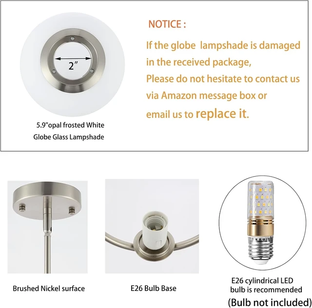 Alt view image 5 of 7 - BYOLIIMA Modern Globe Pendant Light Brushed Nickel Chandelier 1-Light Mid Century Ceiling Hanging Lighting Fixture White Globe Glass Shades for Kitchen Island Dining Room Bedroom (2 Pack)